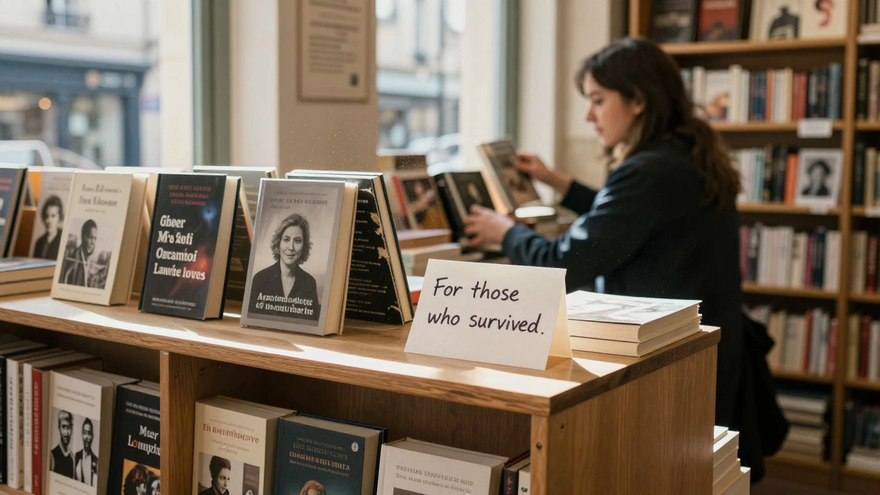 A quiet bookstore in Le Marais with memoirs on the shelves and a handwritten note on the counter.