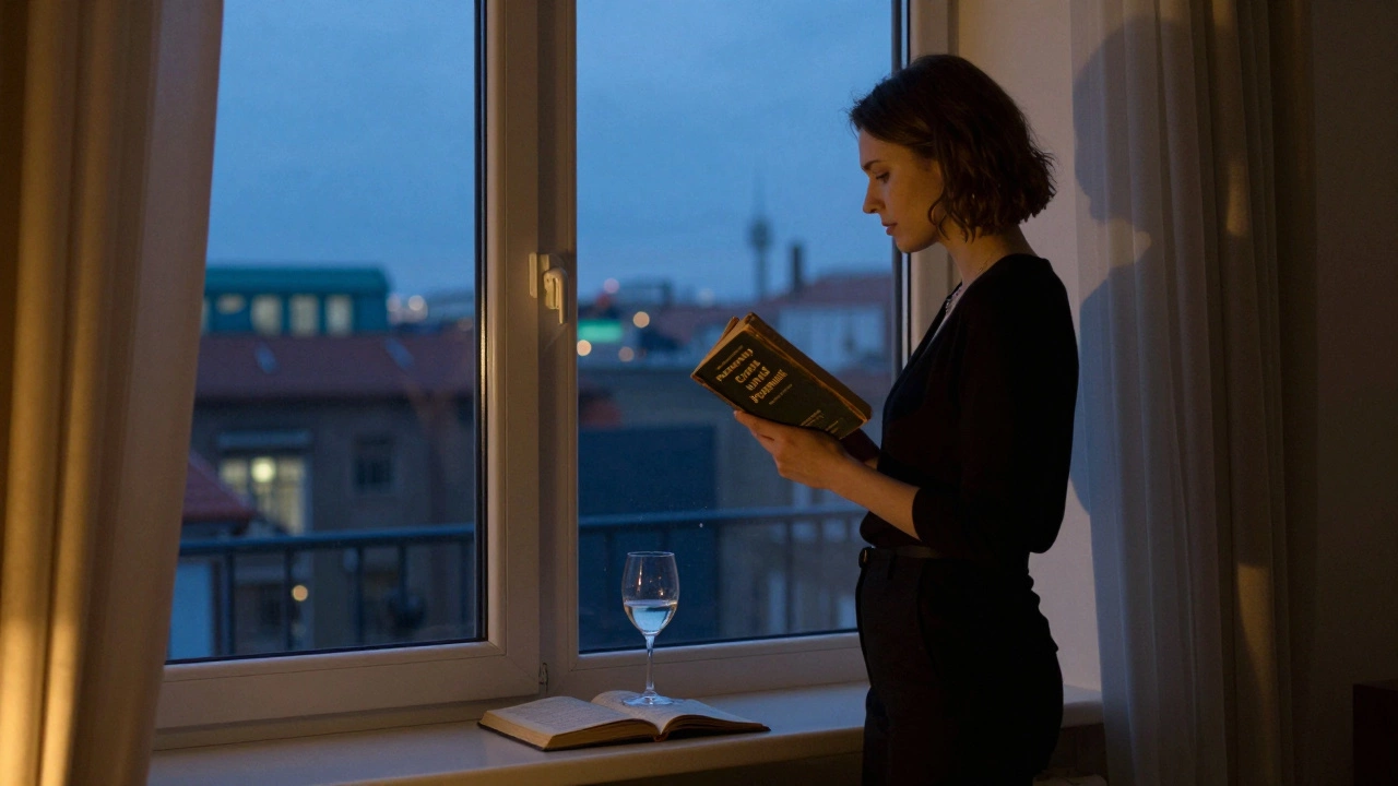 A Russian companion holding a classic novel by a window in a softly lit Berlin apartment.