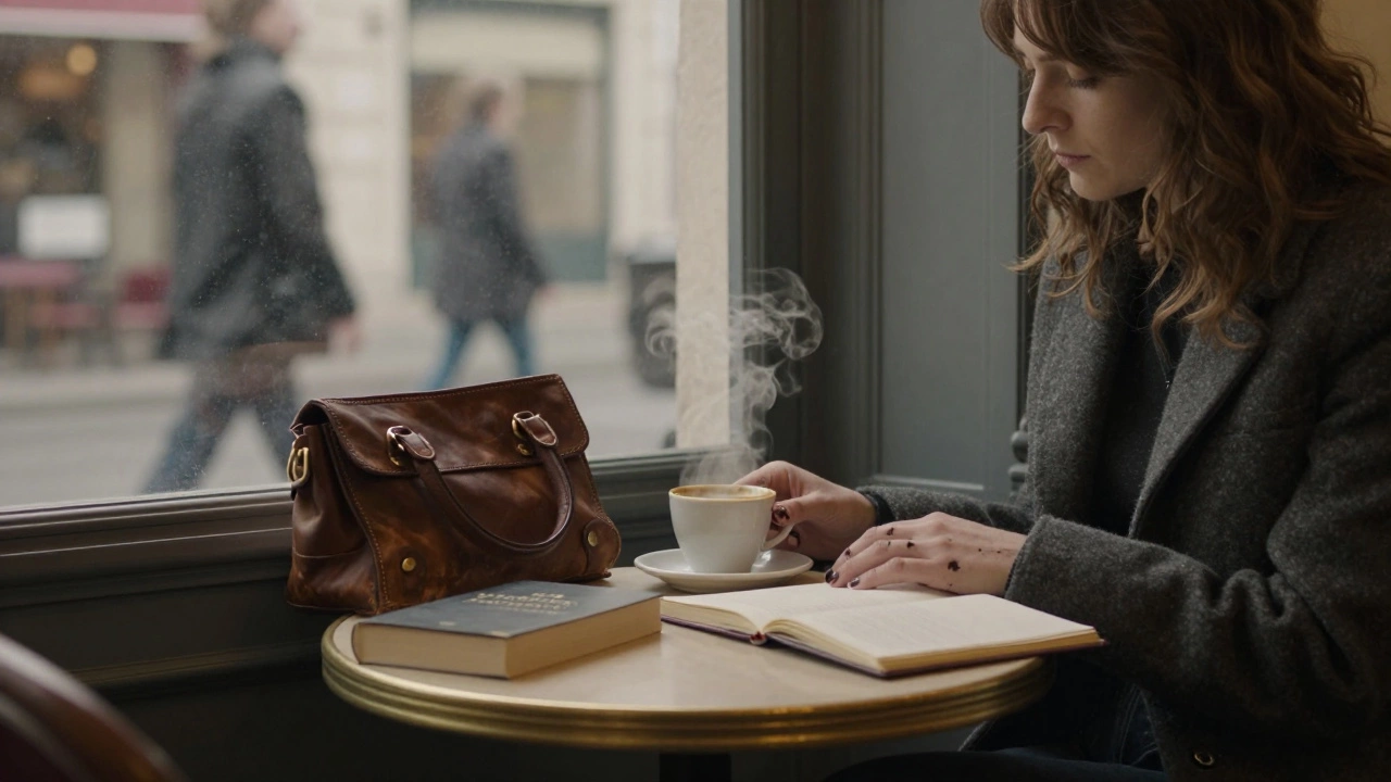 A woman sits quietly in a Paris café, ink-stained fingers beside an open notebook and steaming coffee.