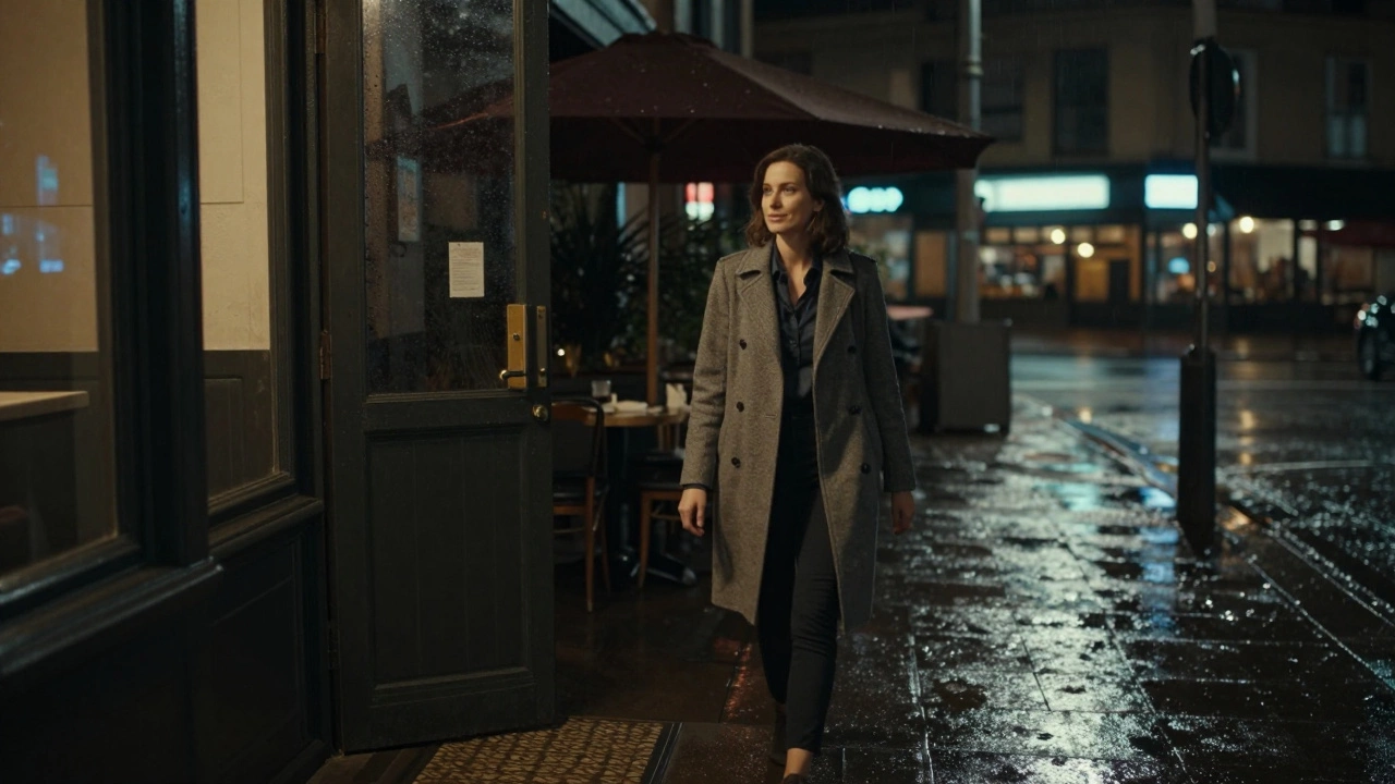 A woman walking away from a hidden café on a rainy Sydney street at night.