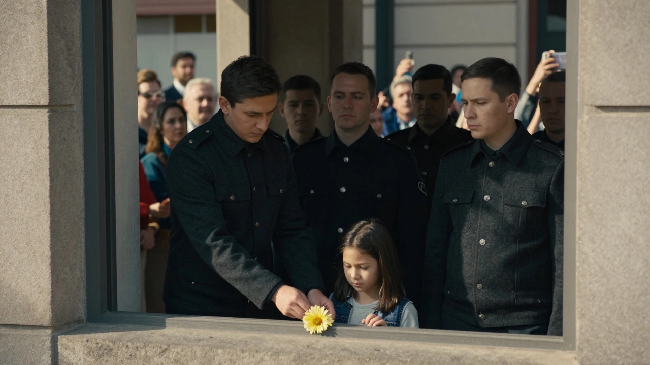 Procession escort subtly slows to protect a child’s dropped flower, crowd blurred behind them, sunlight highlighting their uniformed stillness.