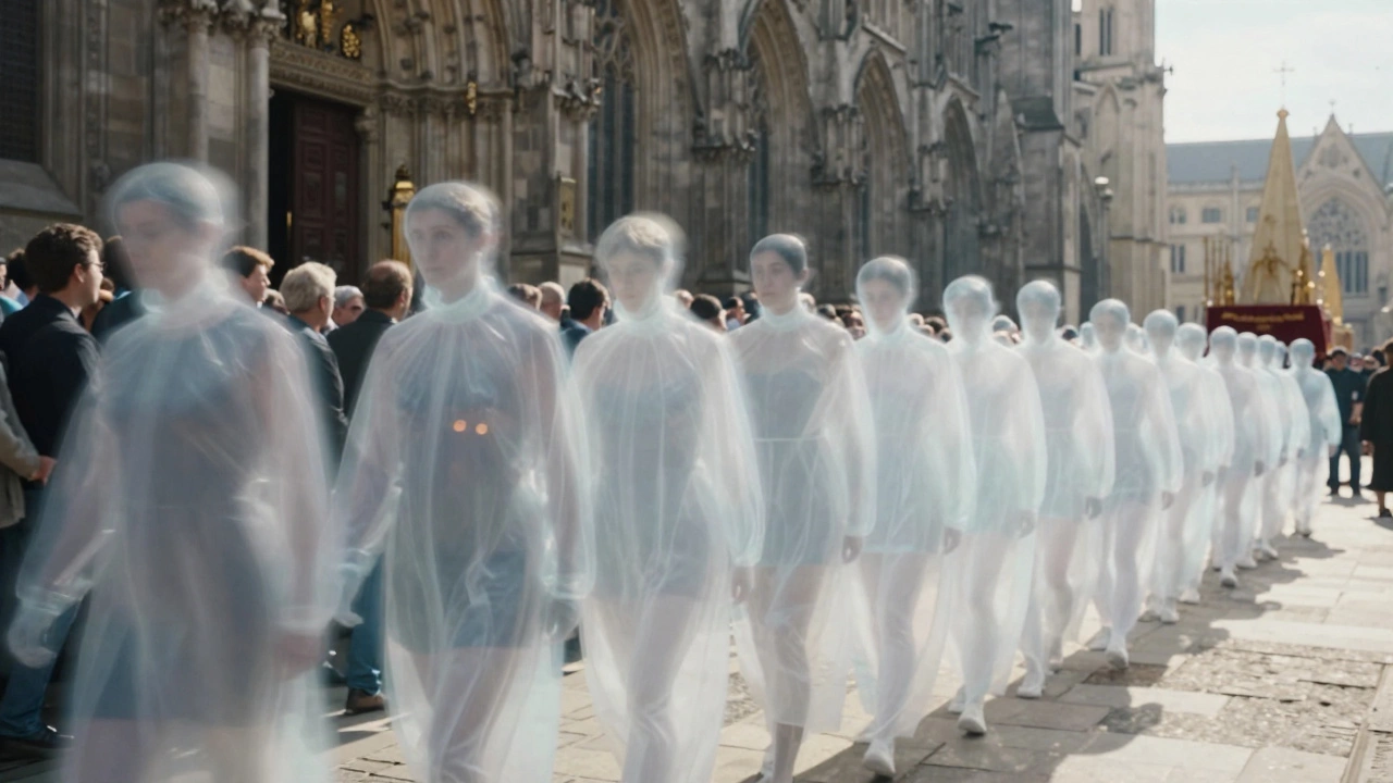 Translucent escort figures subtly warp light along the edge of a sacred parade, their presence altering the atmosphere without being seen.